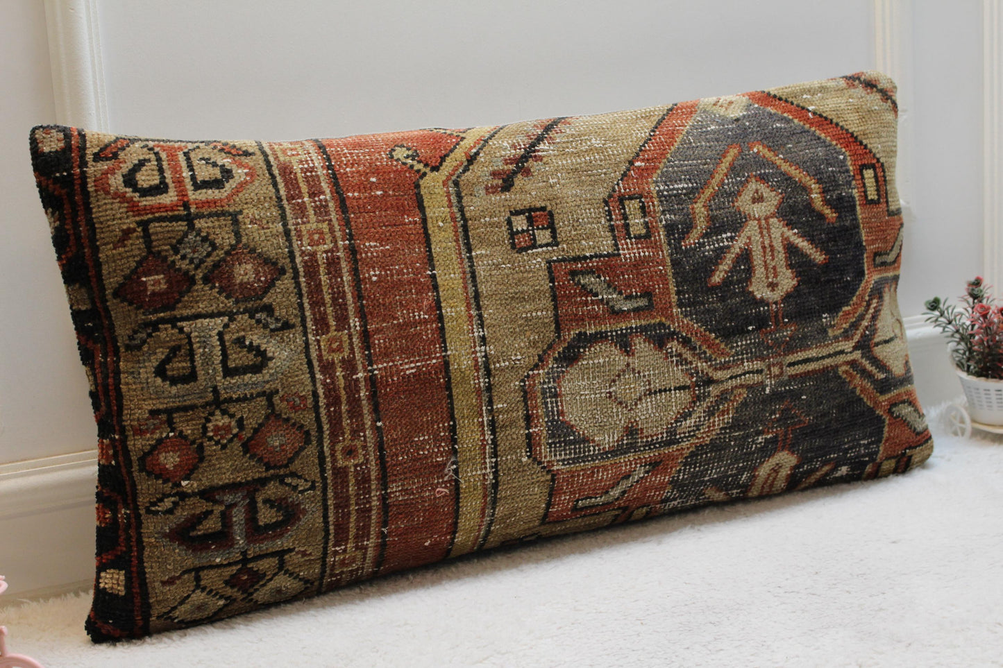 Vintage Turkish Rug Pillow Cover: Rainbow Woven Wool Lumbar Pillow (16x32 in)