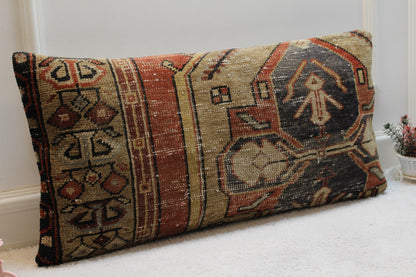 Vintage Turkish Rug Pillow Cover: Rainbow Woven Wool Lumbar Pillow (16x32 in)