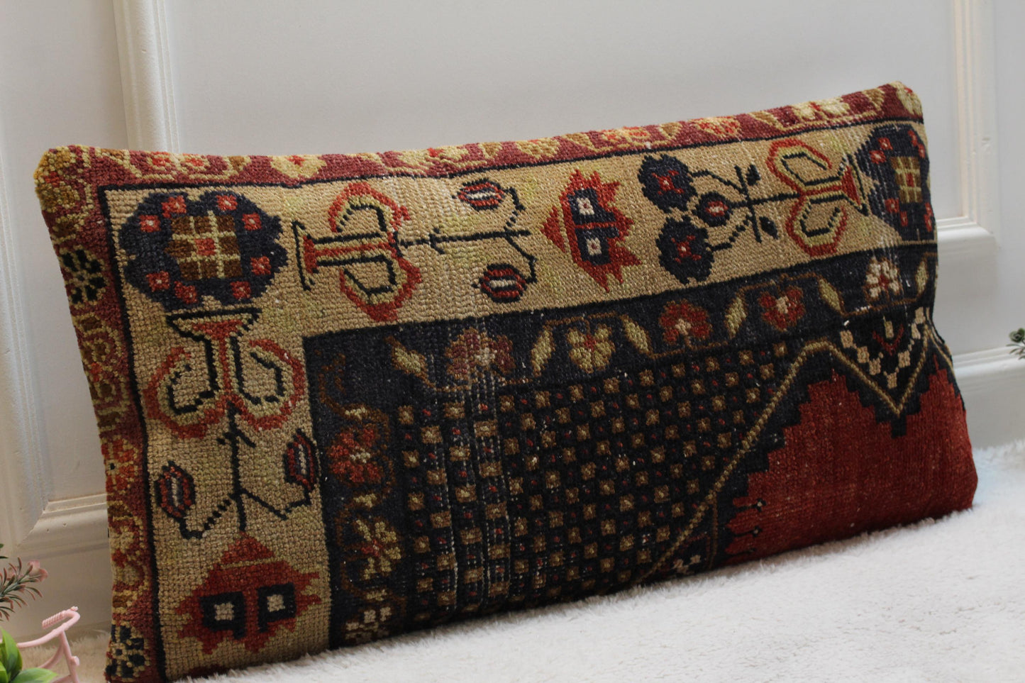 Handmade Turkish Kilim Pillow Cover: Upcycled Wool Lumbar Cushion (16x32 in)