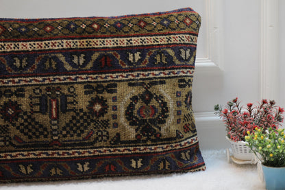 Handmade Wool Turkish Rug Lumbar Pillow Cover (16x32 in)