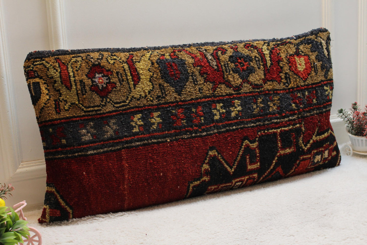 Handmade Wool Kilim Lumbar Pillow Cover: Boho Home Decor (16x32 in)