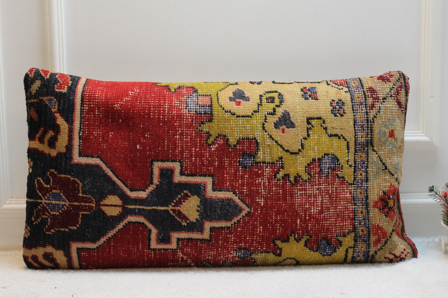 Handmade Kilim Lumbar Pillow Cover: Upcycled Turkish Rug, 16x32 inch