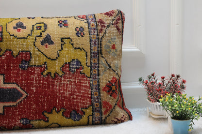 Handmade Kilim Lumbar Pillow Cover: Upcycled Turkish Rug, 16x32 inch