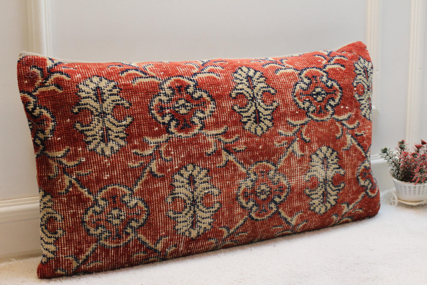 Floral Turkish Rug Lumbar Pillow Cover: Handmade Upcycled Kilim, 16x32 in