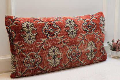 Floral Turkish Rug Lumbar Pillow Cover: Handmade Upcycled Kilim, 16x32 in