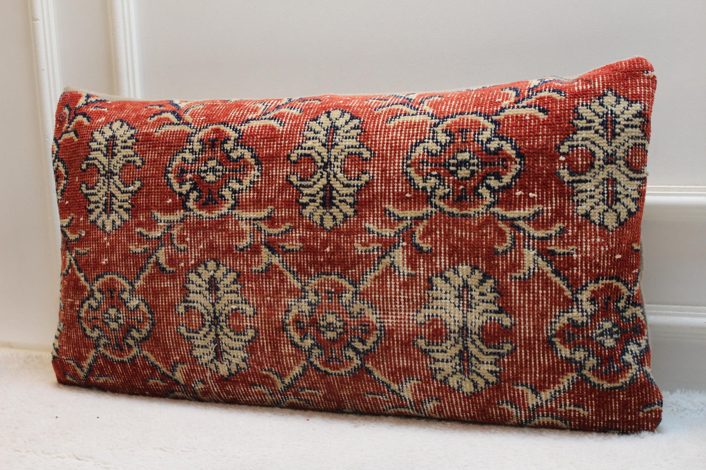 Floral Turkish Rug Lumbar Pillow Cover: Handmade Upcycled Kilim, 16x32 in