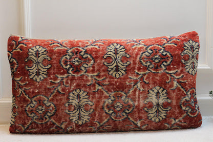 Floral Turkish Rug Lumbar Pillow Cover: Handmade Upcycled Kilim, 16x32 in