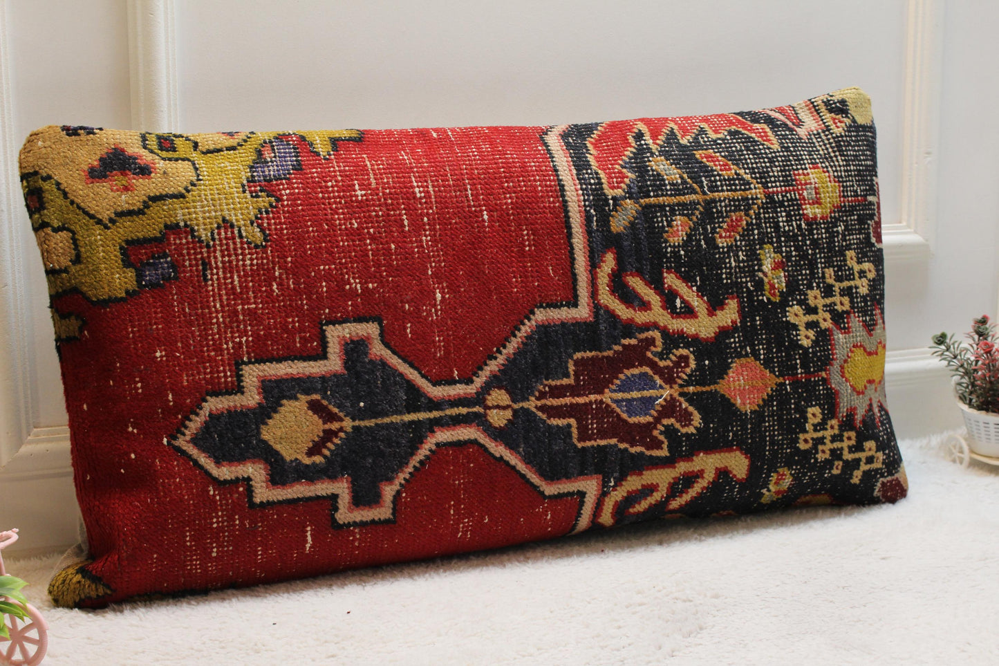 Handmade Turkish Rug Lumbar Pillow Cover: Rainbow Kilim, 16x32 inch