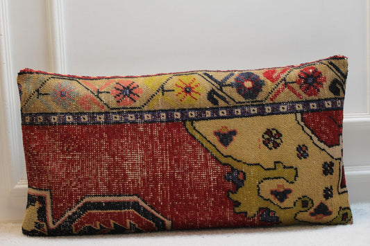 Handmade Red Turkish Rug Lumbar Pillow Cover: Boho Home Decor (16x32 in)