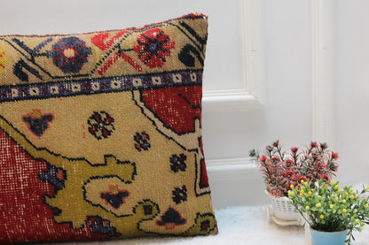 Handmade Red Turkish Rug Lumbar Pillow Cover: Boho Home Decor (16x32 in)