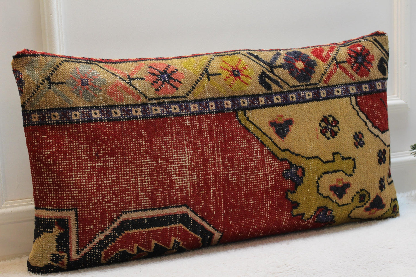 Handmade Red Turkish Rug Lumbar Pillow Cover: Boho Home Decor (16x32 in)
