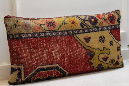 Handmade Red Turkish Rug Lumbar Pillow Cover: Boho Home Decor (16x32 in)