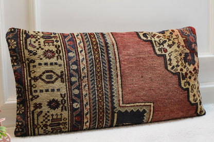 Handmade Kilim Lumbar Pillow Cover: Vintage Turkish Rug, 16x32 inch