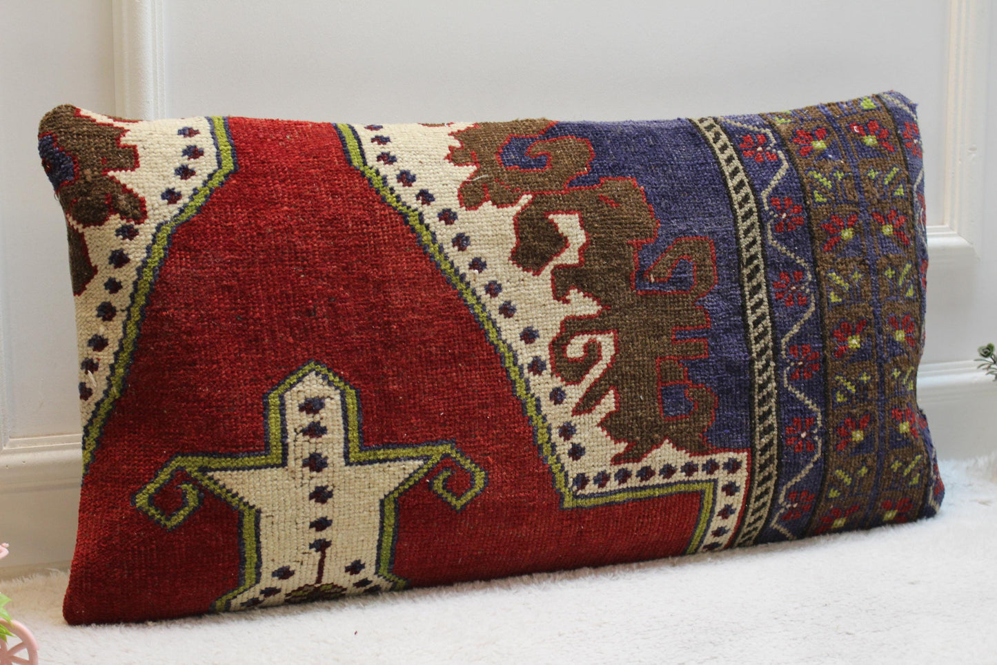 Handmade Turkish Rug Lumbar Pillow Cover: Ethnic Rainbow Design, 16x32 inch