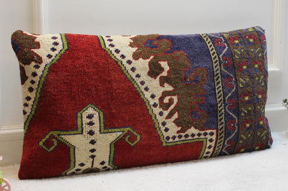 Handmade Turkish Rug Lumbar Pillow Cover: Ethnic Rainbow Design, 16x32 inch