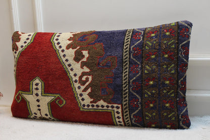 Handmade Turkish Rug Lumbar Pillow Cover: Ethnic Rainbow Design, 16x32 inch
