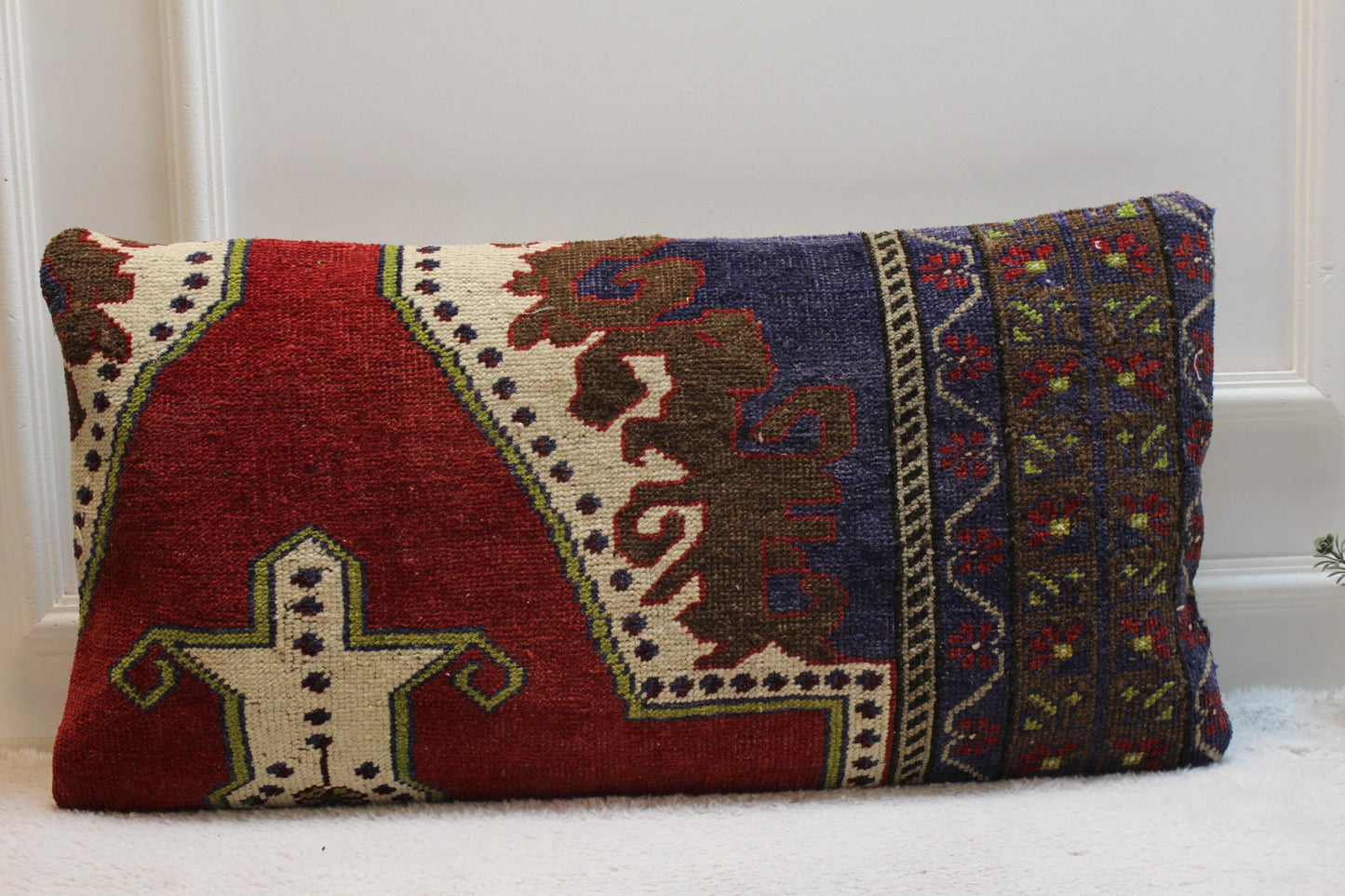 Handmade Turkish Rug Lumbar Pillow Cover: Ethnic Rainbow Design, 16x32 inch