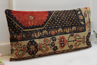Handmade Wool Lumbar Pillow Cover: Vintage Turkish Rug, 16x32 inch