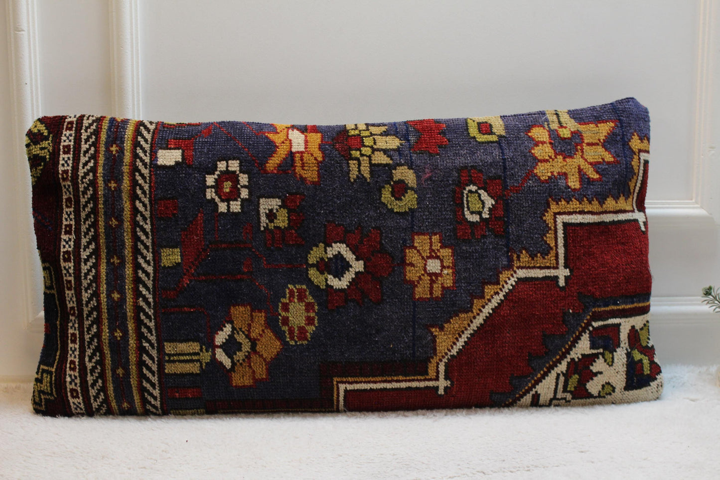 Floral Turkish Rug Lumbar Pillow Cover: Handmade Kilim Pillow Case (16x32 in)