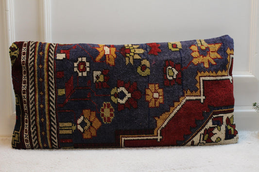 Floral Turkish Rug Lumbar Pillow Cover: Handmade Kilim Pillow Case (16x32 in)