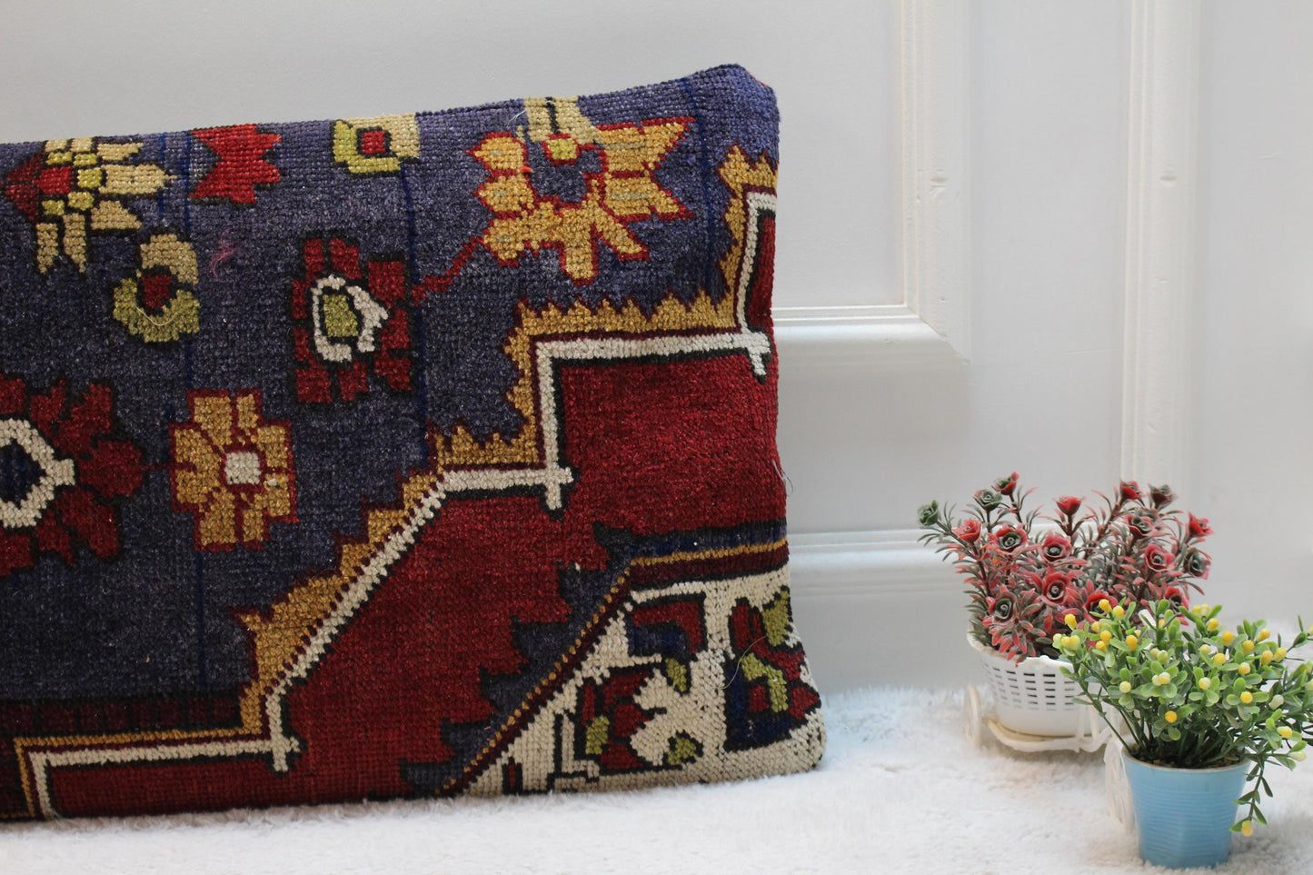 Floral Turkish Rug Lumbar Pillow Cover: Handmade Kilim Pillow Case (16x32 in)
