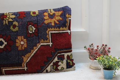 Floral Turkish Rug Lumbar Pillow Cover: Handmade Kilim Pillow Case (16x32 in)