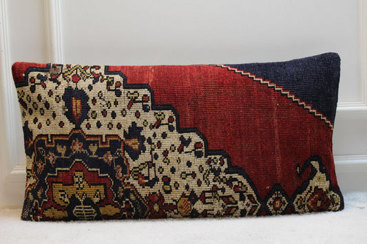 Handmade Lumbar Kilim Pillow Cover: Vintage Turkish Rug, 16x32 inch