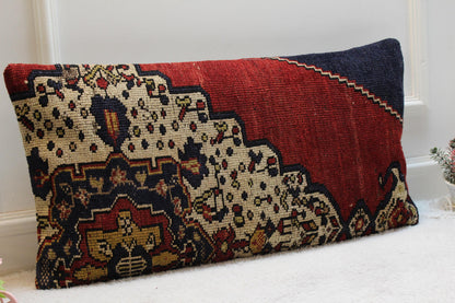 Handmade Lumbar Kilim Pillow Cover: Vintage Turkish Rug, 16x32 inch