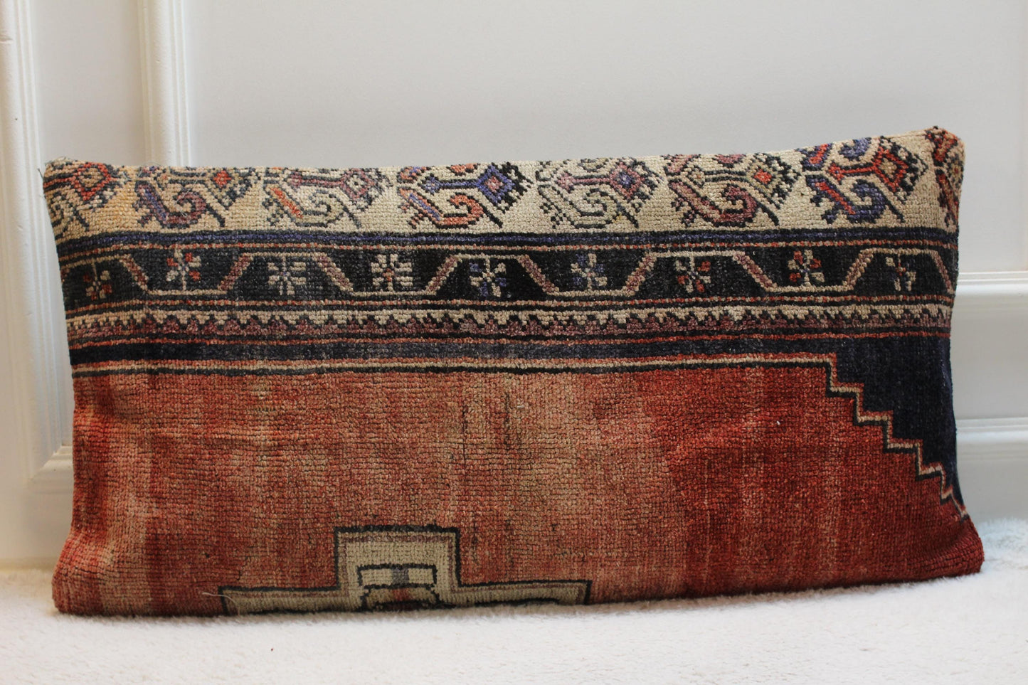 Handmade Kilim Lumbar Pillow Cover: Upcycled Woven Rug, Boho Decor (16x32 in)