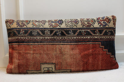 Handmade Kilim Lumbar Pillow Cover: Upcycled Woven Rug, Boho Decor (16x32 in)