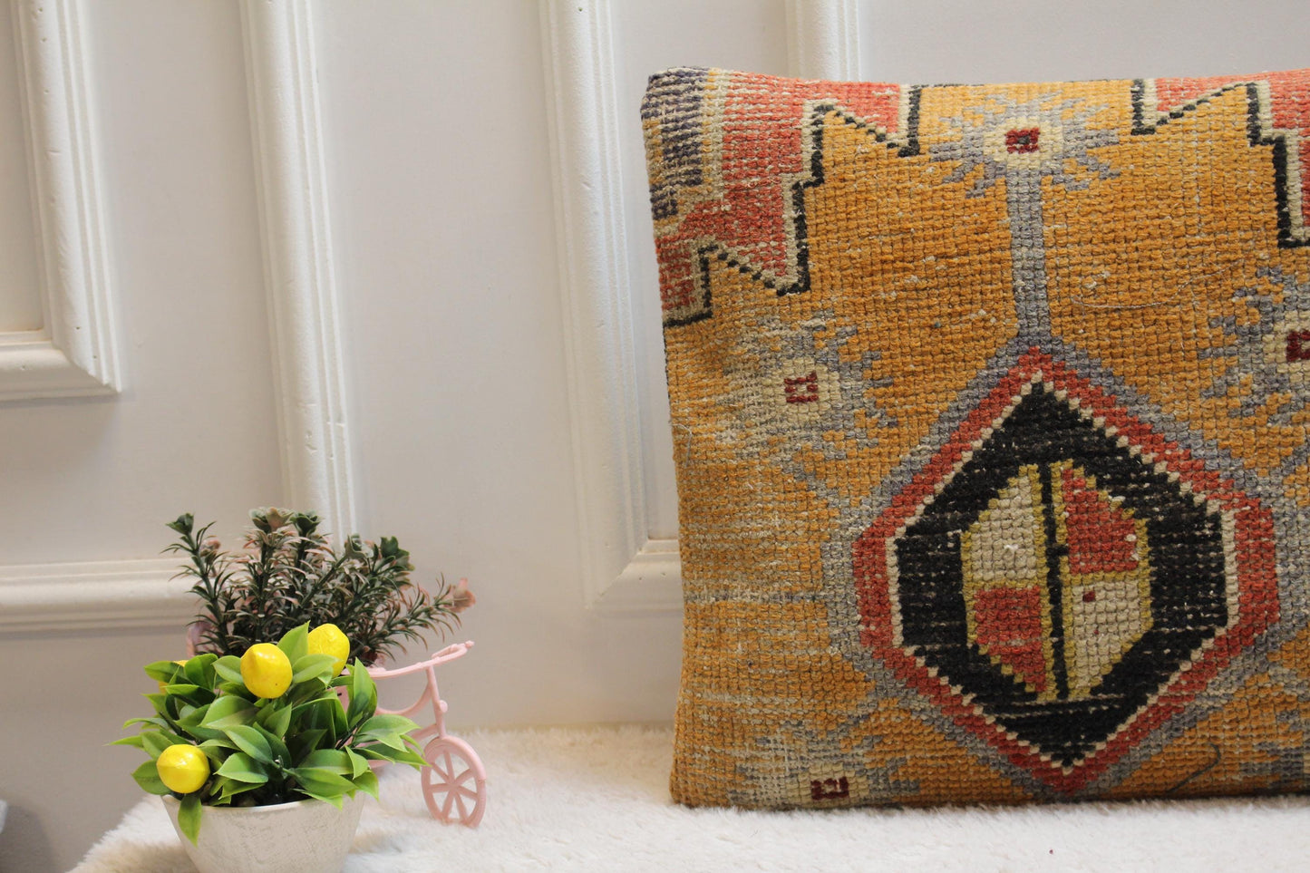 Orange Vintage Turkish Rug Pillow Cover: Boho Lumbar Cushion 16x32