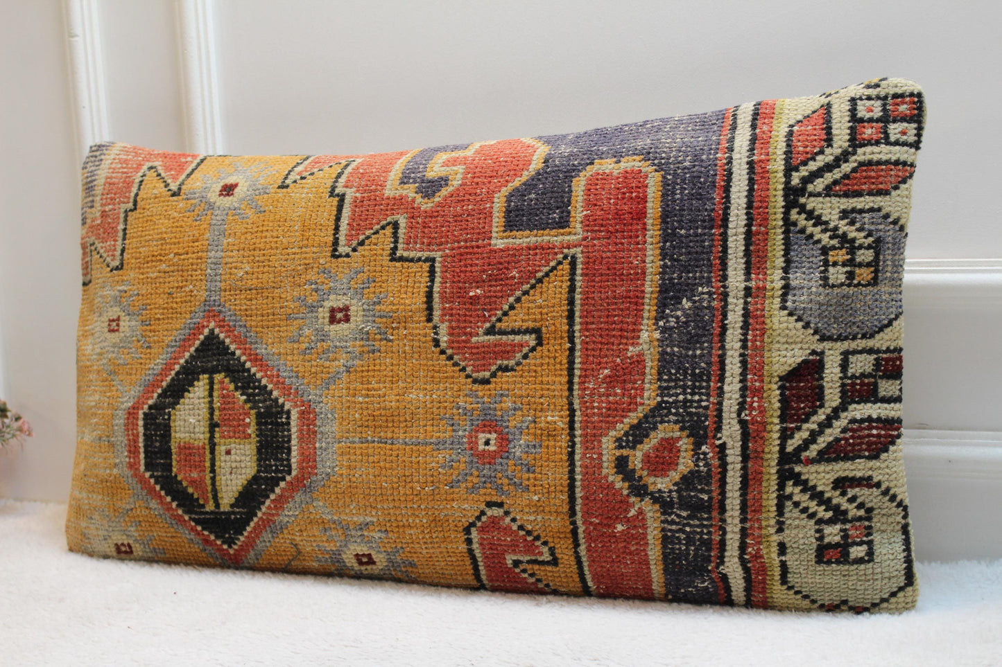 Orange Vintage Turkish Rug Pillow Cover: Boho Lumbar Cushion 16x32