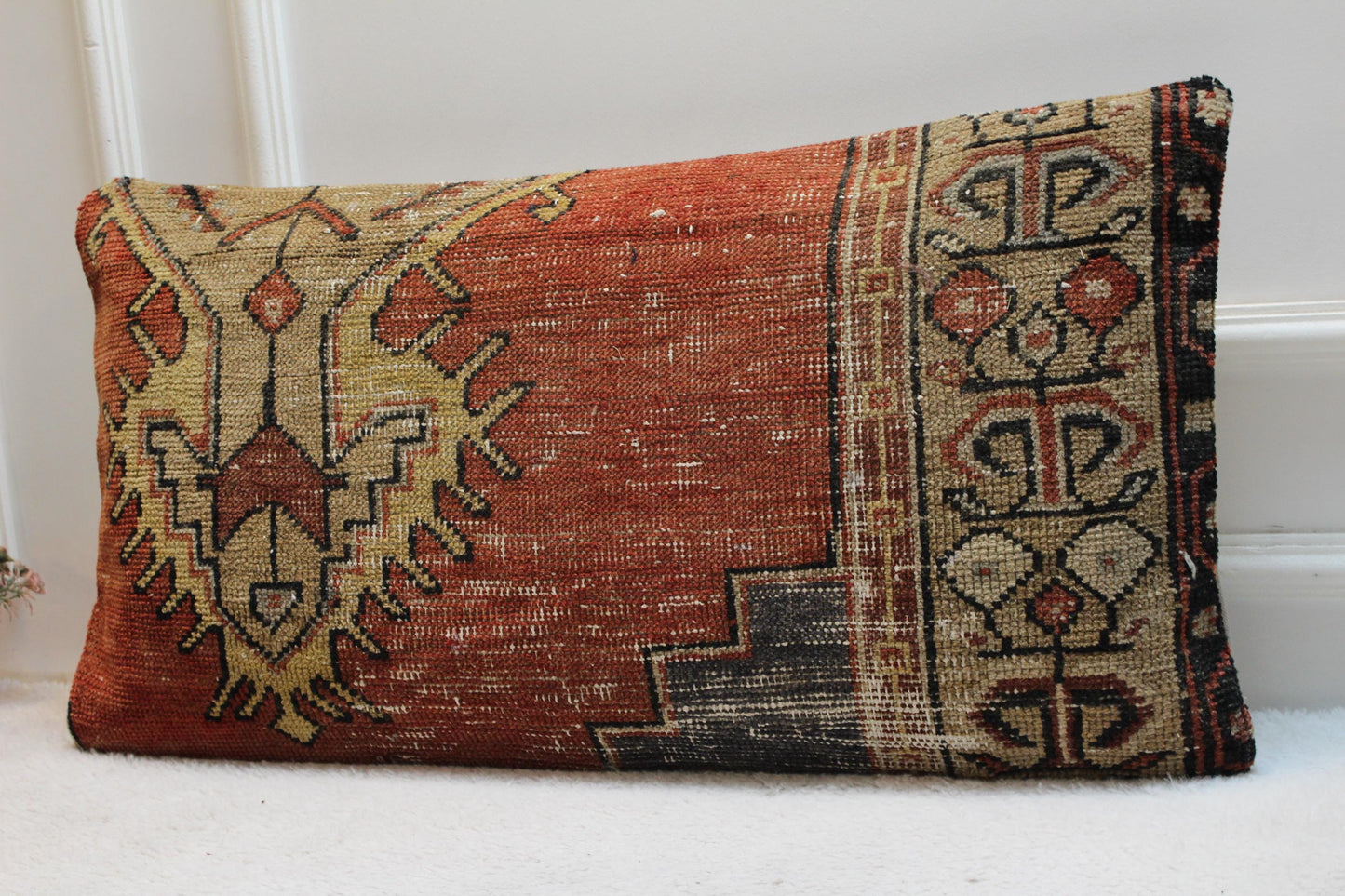 Handmade Wool Turkish Rug Lumbar Pillow Cover: Upcycled Kilim, 16x32 inch