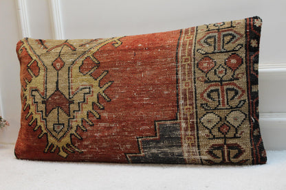 Handmade Wool Turkish Rug Lumbar Pillow Cover: Upcycled Kilim, 16x32 inch