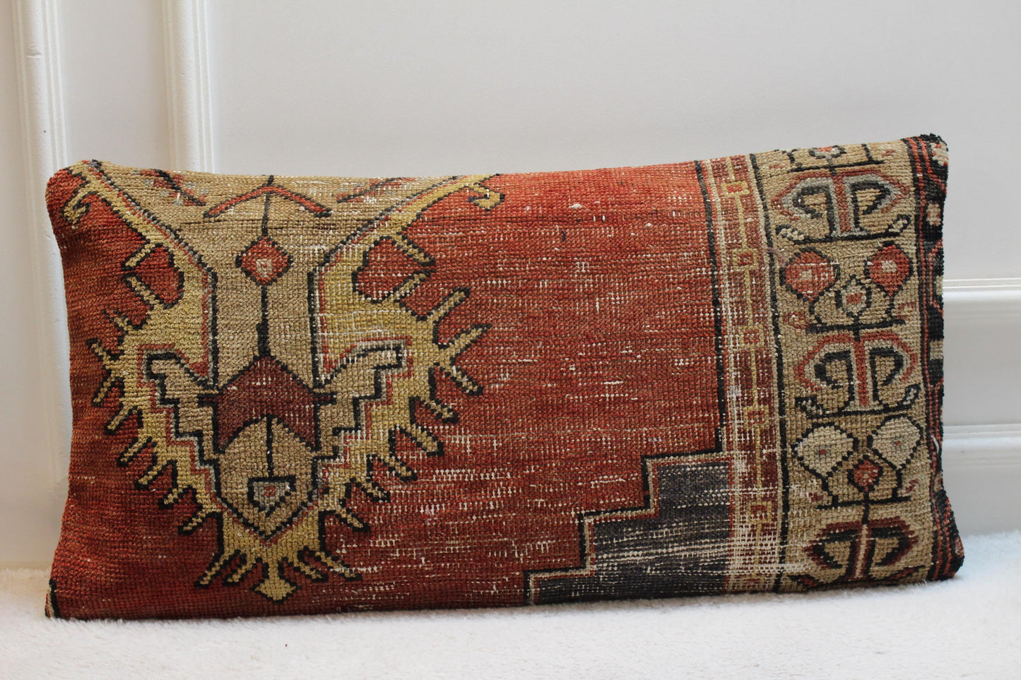 Handmade Wool Turkish Rug Lumbar Pillow Cover: Upcycled Kilim, 16x32 inch