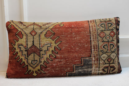 Handmade Wool Turkish Rug Lumbar Pillow Cover: Upcycled Kilim, 16x32 inch