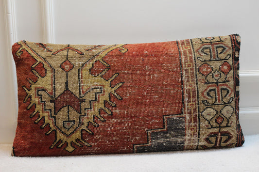 Handmade Wool Turkish Rug Lumbar Pillow Cover: Upcycled Kilim, 16x32 inch