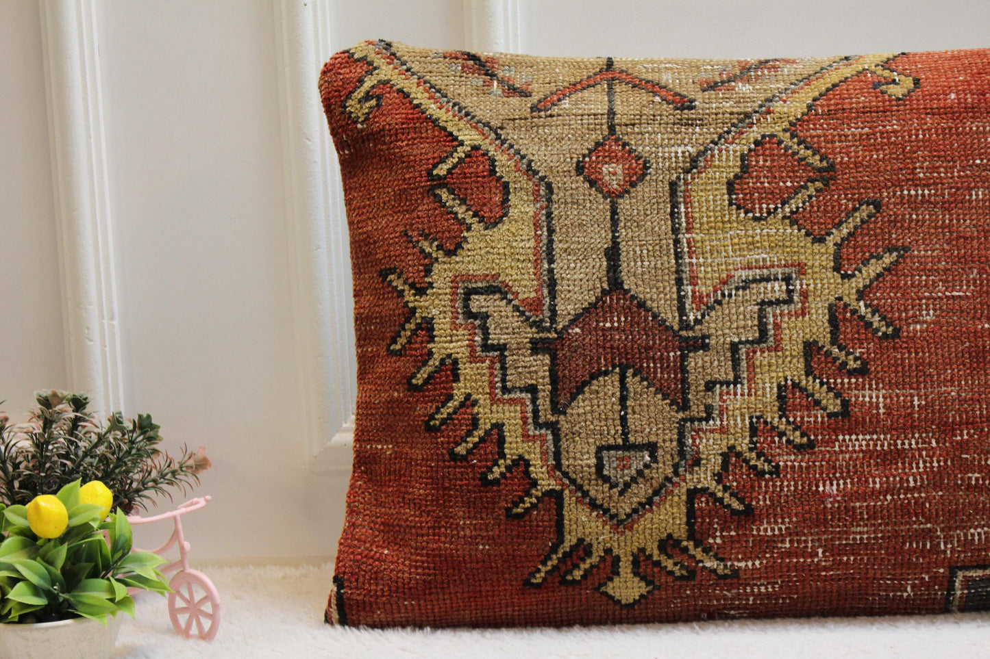 Handmade Wool Turkish Rug Lumbar Pillow Cover: Upcycled Kilim, 16x32 inch