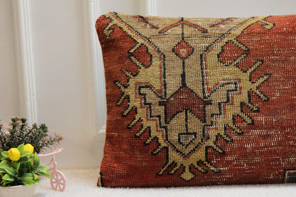 Handmade Wool Turkish Rug Lumbar Pillow Cover: Upcycled Kilim, 16x32 inch