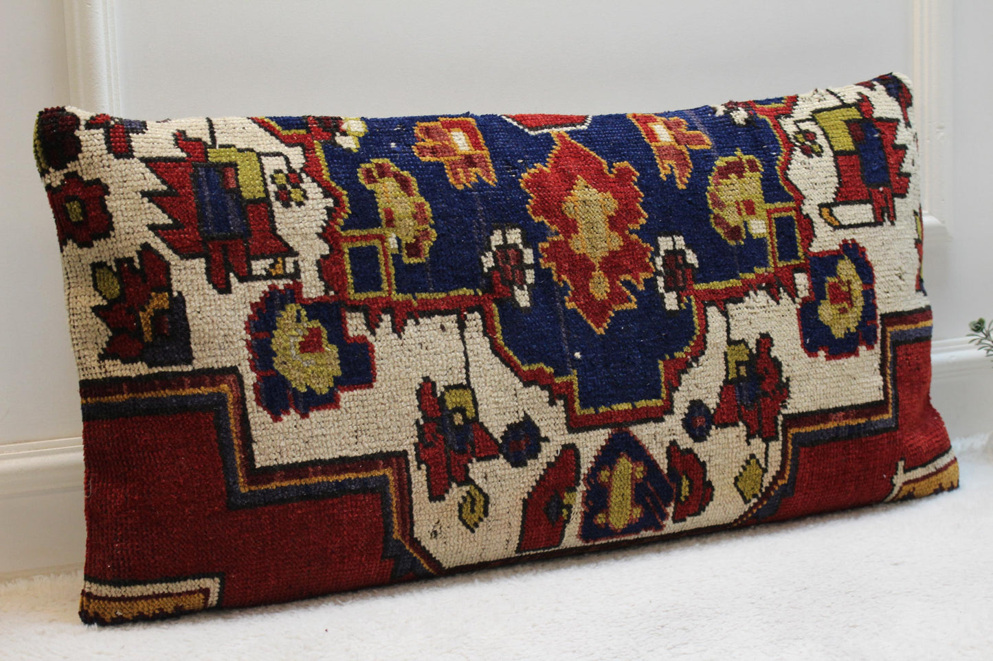Handmade Turkish Rug Lumbar Pillow Cover: Blue Beige Woven Wool (16x32 in)