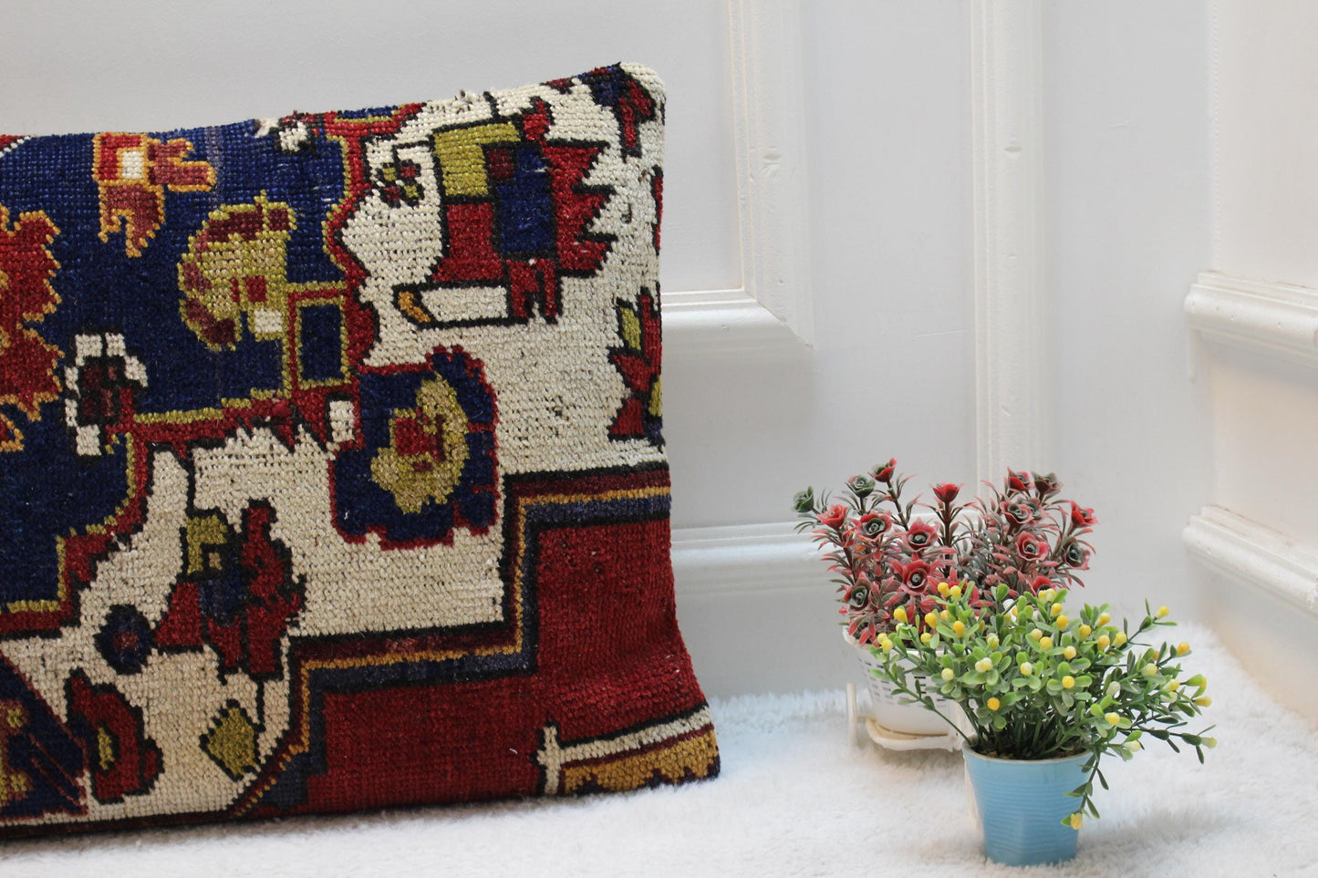 Handmade Turkish Rug Lumbar Pillow Cover: Blue Beige Woven Wool (16x32 in)