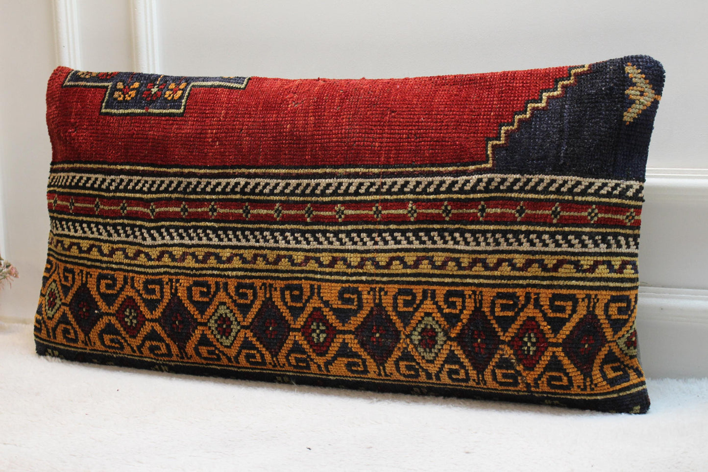 Vintage Turkish Rug Lumbar Pillow Cover: Rainbow Woven Wool, 16x32 inch