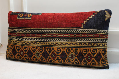 Vintage Turkish Rug Lumbar Pillow Cover: Rainbow Woven Wool, 16x32 inch
