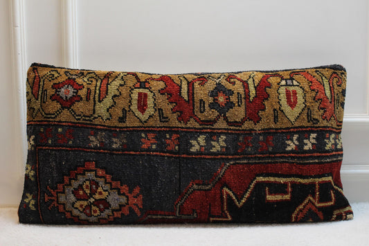 Handmade Kilim Pillow Cover: Boho Turkish Rug Lumbar Pillow (16x32 in)