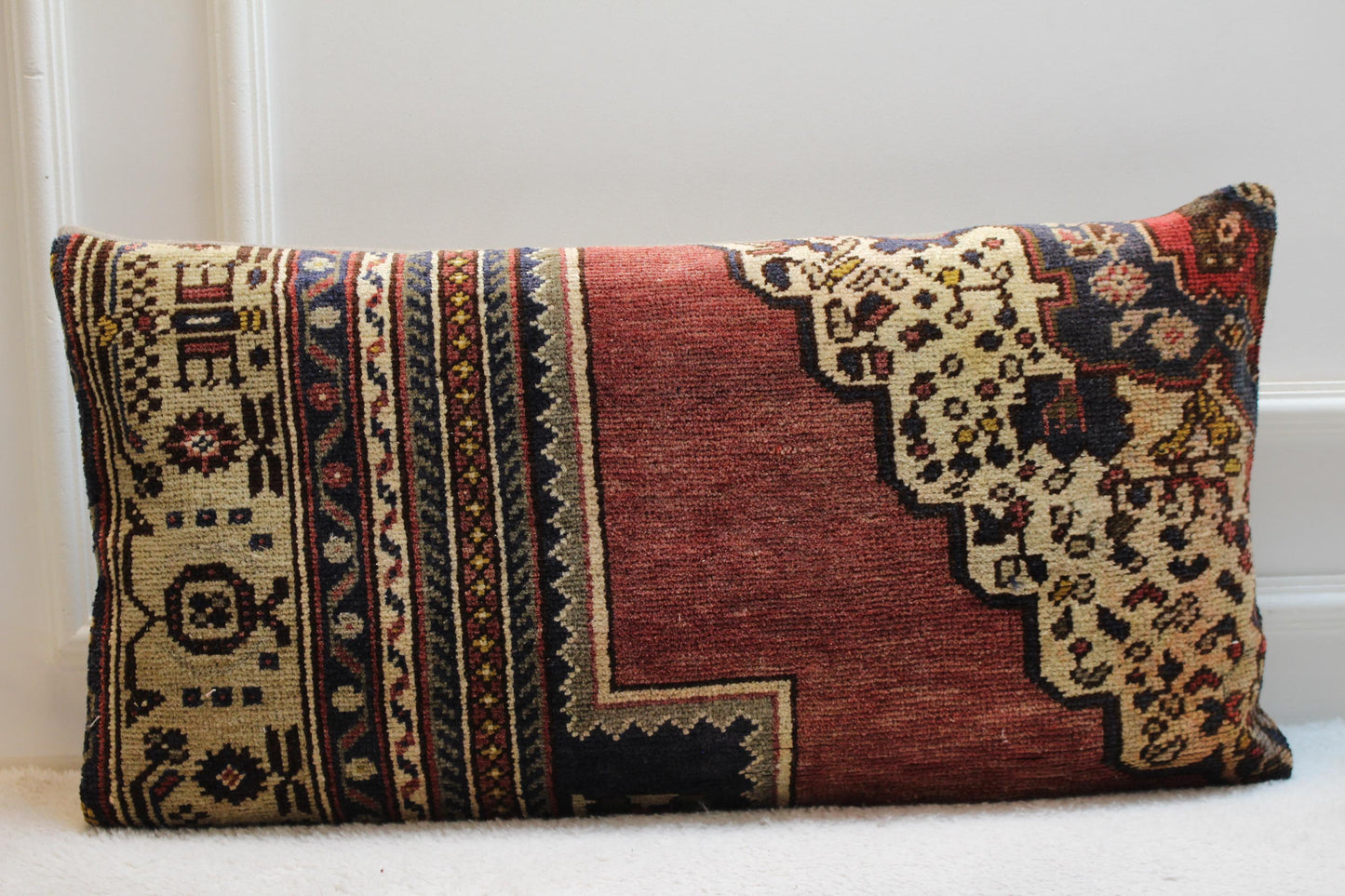 Handmade Turkish Kilim Pillow Cover: Upcycled Woven Wool, Boho Home Decor (16x32 in)