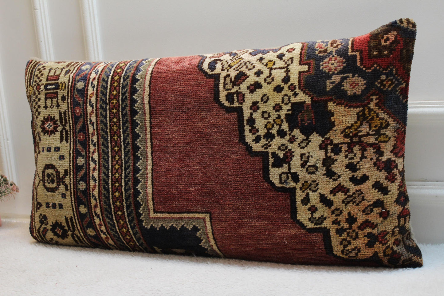 Handmade Turkish Kilim Pillow Cover: Upcycled Woven Wool, Boho Home Decor (16x32 in)