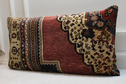 Handmade Turkish Kilim Pillow Cover: Upcycled Woven Wool, Boho Home Decor (16x32 in)