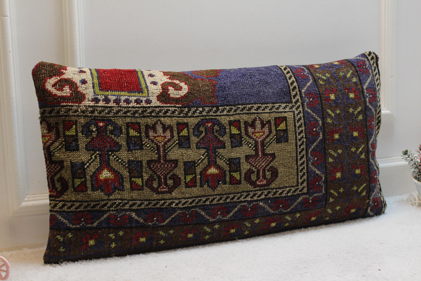 Handmade Turkish Rug Lumbar Pillow Cover: Vintage Rainbow Kilim, 16x32