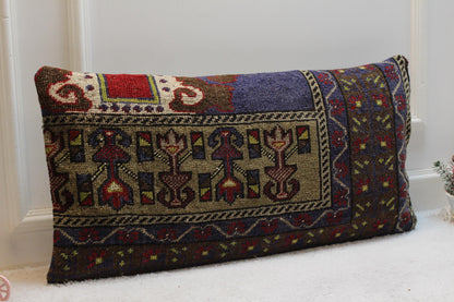 Handmade Turkish Rug Lumbar Pillow Cover: Vintage Rainbow Kilim, 16x32