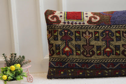 Handmade Turkish Rug Lumbar Pillow Cover: Vintage Rainbow Kilim, 16x32